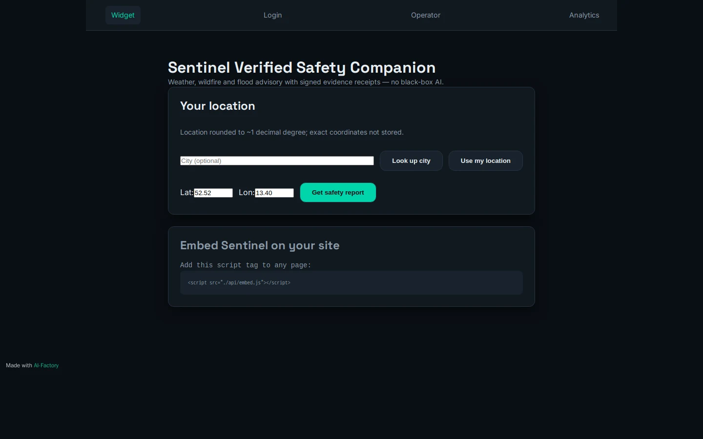 Sentinel widget showing real-time safety badge